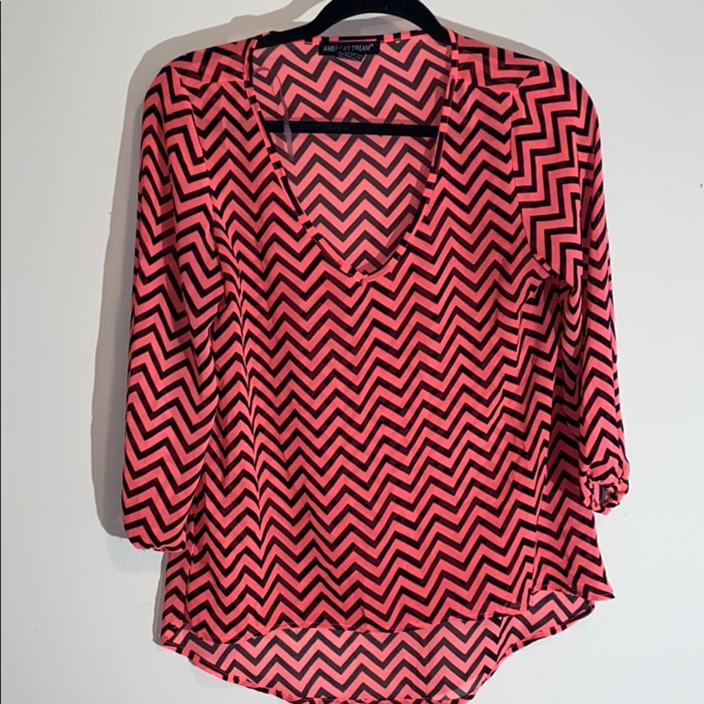 Sheer Pink/black chevron high-low blouse!